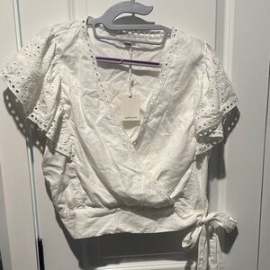 Trendy White Eyelet Wrap Blouse